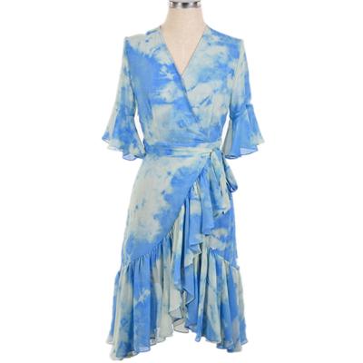 China Dye Breathable V-Neck Tie Fashion Sleeve Ruffle Midi Edge Women's Short Dresses for sale