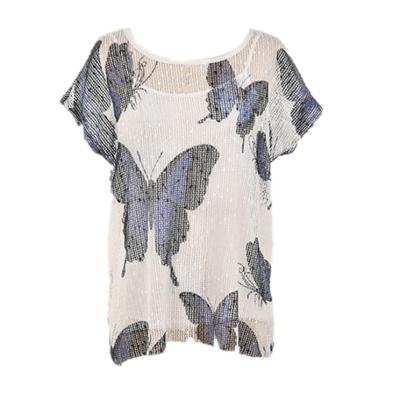 China Summer Breathable Mesh Design Butterfly Printing Women Ladies T-shirt Blouses T-shirt for sale