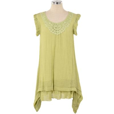 China OEM Design Breathable Lace Trim Hat Sleeve Avocado Green Women Summer Tunic Top for sale