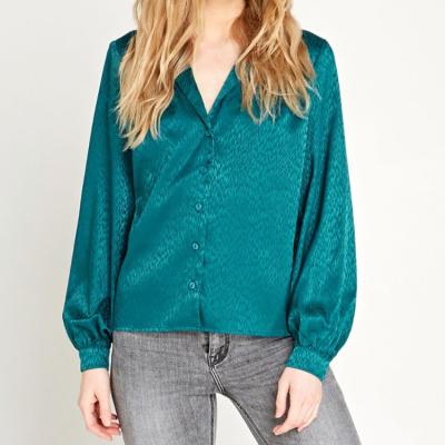 China 2020 Anti-Wrinkle Fashion New Arrival Ladies Simple Green Textured Casual Women Button Satin Blouse Tops for sale