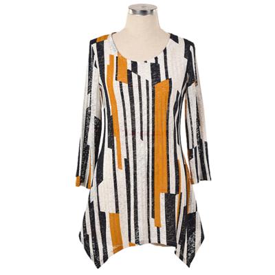 China Breathable Polyester Elastane Round Neck Casual Wear Stripe Printing Women Geometric Tunic Tops For Women for sale