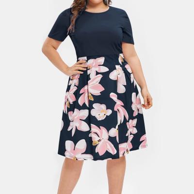 China Breathable Elegant 5XL Midi A Line Women Flower Print Dress Mini Dress Plus Size Summer Dress for sale