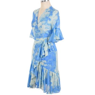 China Fashion V Neck Butterfly Sleeve Polyester Blue Women's Breathable Ruffle Wrap Dresses for sale