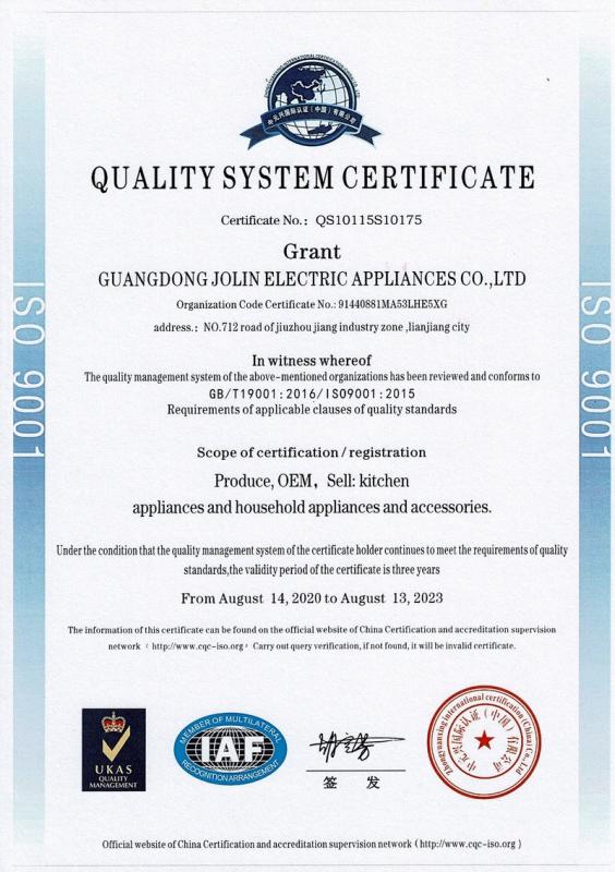 ISO9001 - Guangdong Jolin Electric Appliance Co., Ltd.