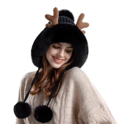 China COMMON Winter plush antler hat Christmas hat custom logo winter hat hood head wear keep warm for winter for sale