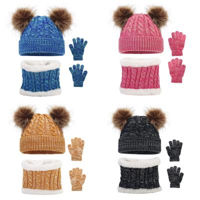 China COMMON New Winter Mixed Color Woolen Children's Double Ball Knitted Hat Scarf Gloves Three Piece Set for Boys and Girls' Hats for sale