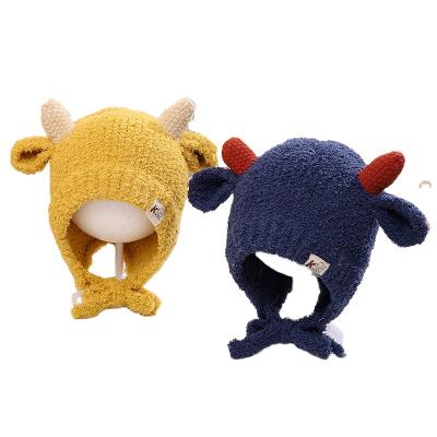 China COMMON Winter Boys and Girls Baby Woolen Hat Cute Little Lamb Double Horn Plush Ear Protection Hat Strap Pullover Hat for sale