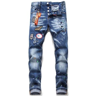 China Sustainable DS Classic Men's Small Straight Embroidered Jeans with Hole Patch Elastic Paint Splash Badge Beggar Pants for sale