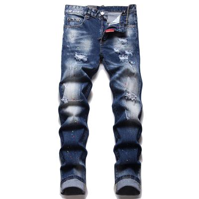 China Sustainable 2023 New Slim Fit, Broken Hole, Trendy Men's Small Straight Tube, Cotton Bullet, Painted, Worn, Beggar's Jeans, Male for sale