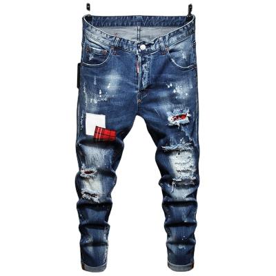 China Sustainable DSQ Blue Perforated Rascal Handsome Cross border Slim Fit in Europe and America Elastic Cotton Red Tape Fashion Paint D2 for sale