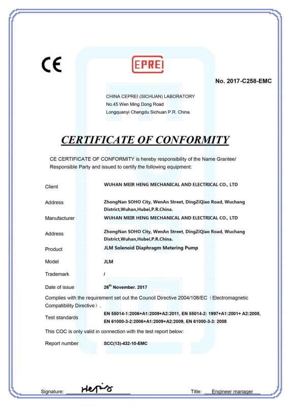 CE - Wuhan Meir Heng Mechanical And Electrical Co., Ltd.