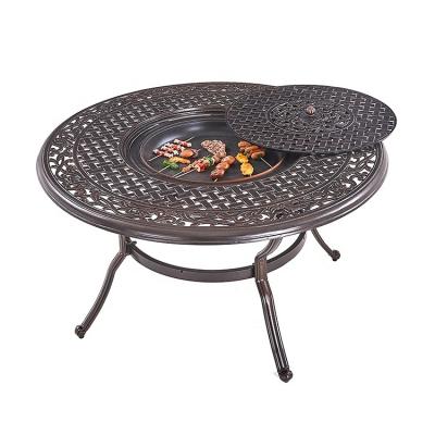 China Easily Assembled Outdoor Leisure Garden Table Round Die Cast Aluminum Charcol Grill BBQ Table BBQ Table For Family Gathering for sale