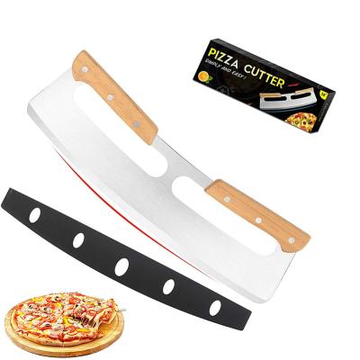 China Amazon Hot Viable Hot Selling 36.5cm Stainless Steel Pizza Cutter Pizza Rocker Sharp Knife With Oak Wood Handle Rocker Knife Pizza for sale