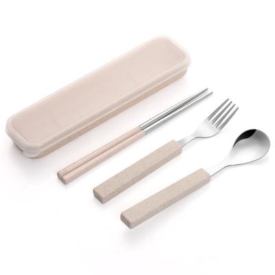 China Viable Korean Style Stainless Steel Portable Reusable Chopsticks Spoon Fork Cutlery Set with Wheat Box for sale