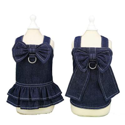 China Popular Stocked Summer Pet Clothes Bow Tie Denim Costume Dog Dress With Hole for sale