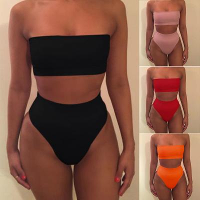 China 2021 Sexy Strapless Top Boob Tube Bikini Waterproof High Waisted Set Two Piece Swimsuit Biquini Solid Swimwear Brazilian Beach Wear Women for sale