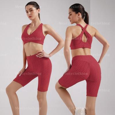 China Breathable Gym Clothing Women Ropas Active Wear Set Yoga Bra With Bubble High Waist Gaiters Gym Fitness Sets for sale