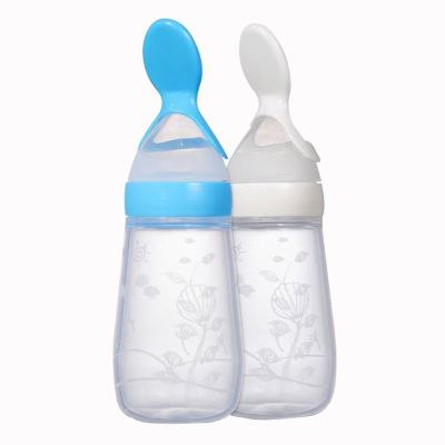 China BPA Free Squeeze Feeder Bottle Feeding Bottle Cheap Food Grade Silicone Baby Feeding Bottle With Spoon for sale