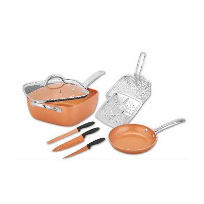 China Sustainable Aluminum Nonstick Ceramic Copper Cookware Set With Knife for sale