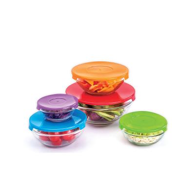 China Sustainable 5pcs Clear Glass Mixing Bowl Set With Color Lid for sale