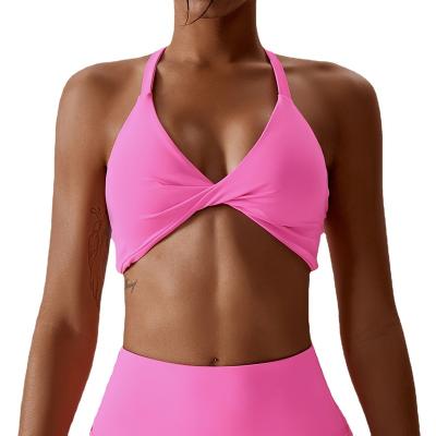 China Breathable Custom Logo V Front Crop Top Cross Sports Bra Soft Workout Tops Women Gym Fitness Yoga Sports Bras for sale