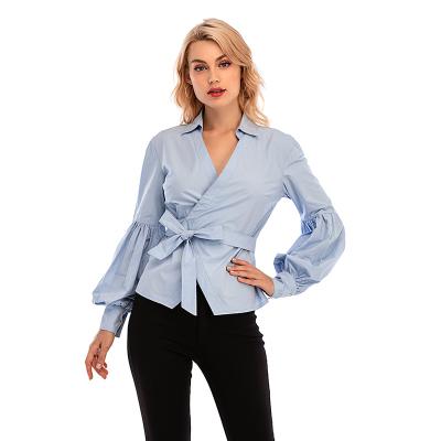 China Anti-pilling 2021 Anti-pilling Women Sheath V-neck Lantern Sleeve Buttons Long Tops Up Solid Color Cotton Shirts For Women Blouses for sale