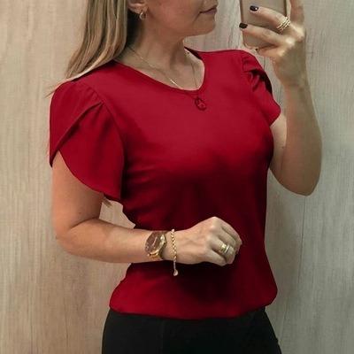 China Anti-Wrinkle Anti-Wrinkle Summer Female Short Sleeve Around Neck Slim Solid Color Casual Cotton Shirts For Women Blouses for sale