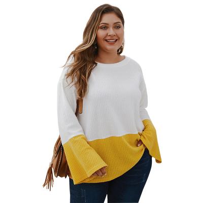 China Camisa Manga Larga Designer Winter Women Loose Sweater Sleeve Color Block Shrink Anti-Shrink Full Large Plus Size Knitted Blouses For Fat Ladies for sale