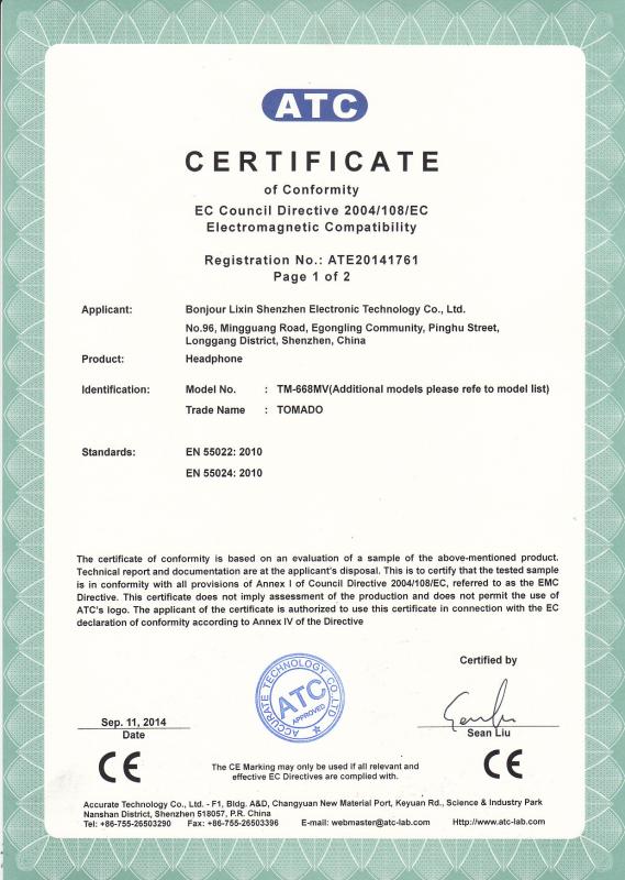 CE certificate - Bonjour lixin shenzhen electronic technology co.,ltd