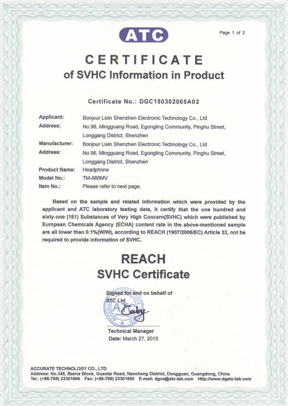 REACH certificate - Bonjour lixin shenzhen electronic technology co.,ltd