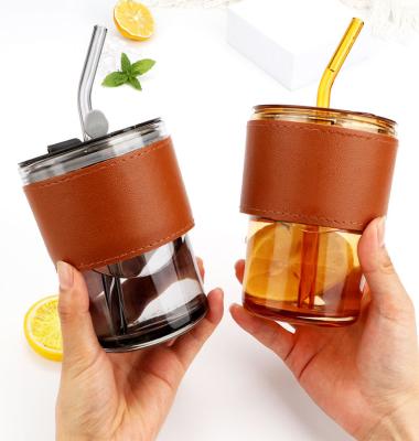 China Disposable Wholesale Nordic Style Clear Glass Slub Cup 450ml Custom Logo Simple Glass Coffee Slub Cup With Leather Case for sale