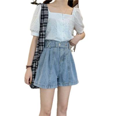 China Anti-wrinkle wide leg pants 2021 summer new high waist straight leg denim shorts slim waist pants a-line for sale