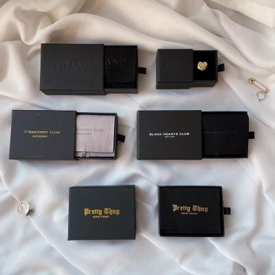 China Reused Materials Luxury Custom Logo Jewelry Packaging Black Drawer Box Gold Stamping Drawer Box And Logo Display Box With Magnetic Closure Slide for sale