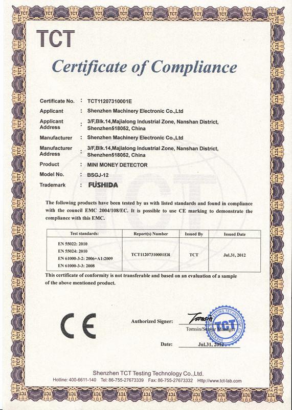 CE , Safety Certificate - Shenzhen Machinery Electronic Co., LTD.