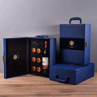 China Recyclable Luxury Blue Leather Wine Gift Box With Handle for sale