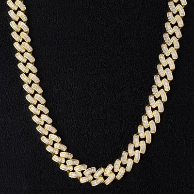 China KRKC 12mm White/14K Non-fading 5A CZ Gold Plated Baguette Iced Out Diamond Hip Hop Jewelry Cuban Link Chain for sale