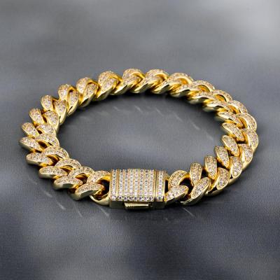 China Hiphop KRKC&CO 12MM 14k Cuban Link CZ Gold Plated Bracelet Iced Out Micro Pave Cuban Link Bracelet for sale