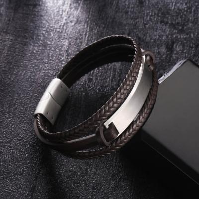 China KRKC Custom Printed Leather & Metal Cross Bracelets Brown Rope Charm Non-fading Unisex Bracelet Braided Leather Bracelet For Ladies for sale