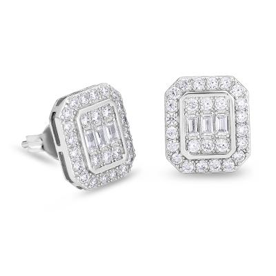 China Hiphop KRKC Rectangle 5A CZ Iced Out Stones Real 14k Gold Plated 925 Sterling Silver Mens Stud Earrings for sale