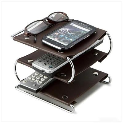 China Wholesale Viable Made in China Three-Layer Leather Multi-Layer Glass Tray Storage Mobile PhoneDesktop Storage Rack for sale