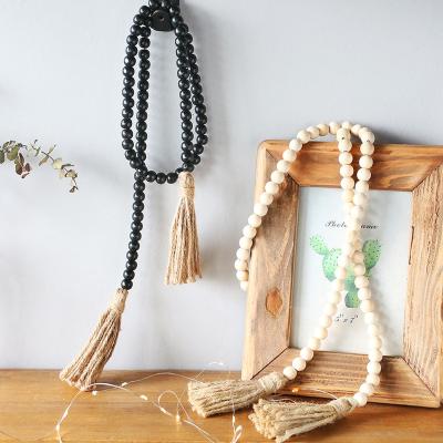 China Farmhouse Wooden Beads with Tassels Rustic Country Decor Boho Prayer Beads Large Wall Hanging Decor for sale