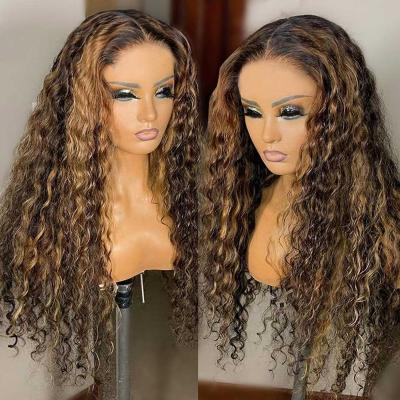 China Tangle free and shedding 26inch highlight water wave hair raw glueless wigs, deep curly hd lace front wig accented, full piano highlight lace wig for sale