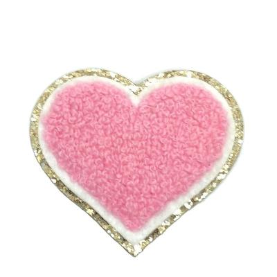 China Gold Glitter Chenille Heart Sustainable Custom Embroidered Iron On Patch for sale