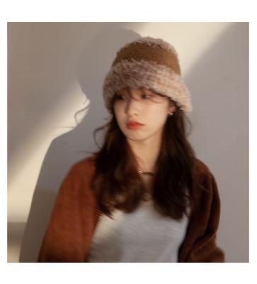 China Japanese Style COMMON Winter Knitted Bucket Hat Faux Fur Fluffy Fisherman Cap For Women for sale