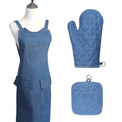 China As Picture Custom Made Denim Apron Oven Gloves Potholder Set/Chef Kitchen Set Newest Custom Made High Quality Fashion for sale