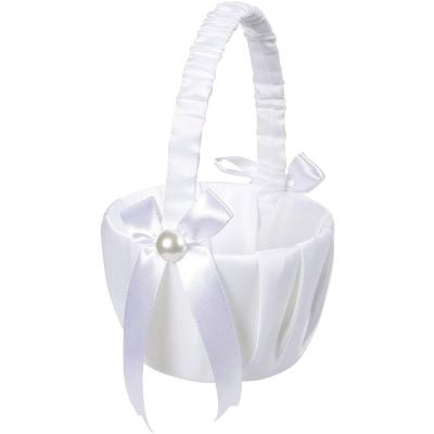 China Romantic White Satin Wedding Bridesmaid Basket Pearl Bow Bow Flower Basket Decoration Wedding Ceremony Party Basket for sale