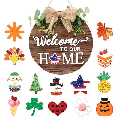 China Interchangeable Europe 2022 Welcome Sign For Front Wreath Wood Door Decor Valentine's Day Hanging Decorations Season Welcome Sign for sale