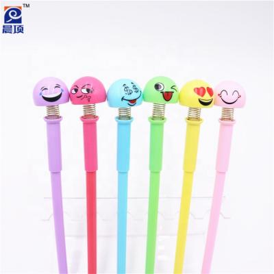 China Promotional Movable Pen Heads Doll Pen Novelty Pen Smile Face Bouncing Spring Jump Plush Pluma Head Pen for sale