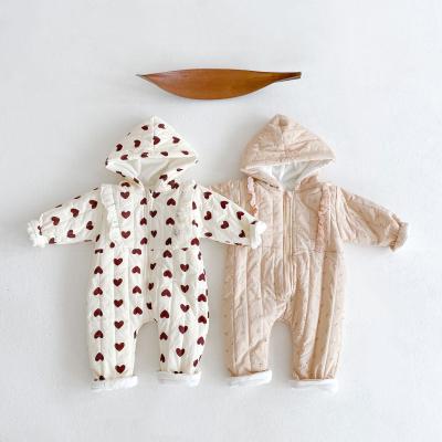 China 100% Cotton Fashion Winter Warm Fleece Printed To Lace Up Organic Cotton Cotton-padded Long Baby Rompers For Boys Girls for sale