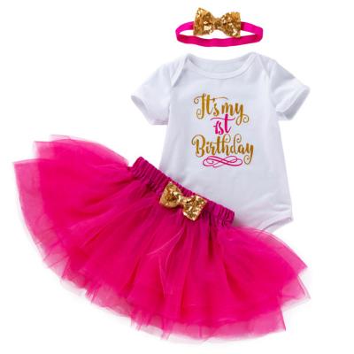 China Hot sale breathable short-sleeve romper girl tutu dress baby birthday dress sets with headband for sale